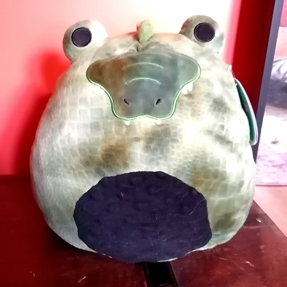 Custom DIY Archer the Alligator squishmallow plush with black belly.